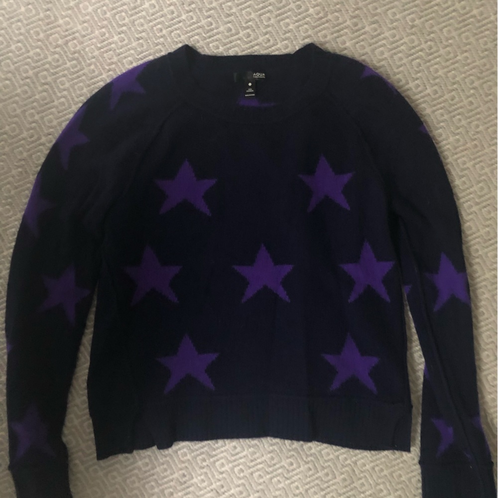 Aqua Cashmere Navy Sweater with Purple Stars Size L